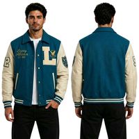 Veste universitaire de baseball pour homme, corps en laine beige, manches en cuir marron, col chemise, écusson en chenille en forme de R, style Letterman Stadium
