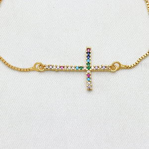 Wholesale 925 Sterling Silver Cross Multicolor Zircon Inlaid Fine Bracelet for Women Adjustable Gold Plated Jewelry <b>Gift</b> Party - Product Image 2