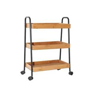 Chariot roulant à deux niveaux avec cadre en métal noir, étagères en bois, bords surélevés, chariot de service mobile, rangement industriel moderne - Product Image 6