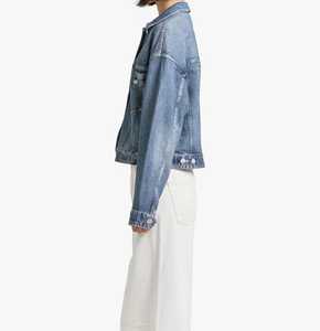 Wholesale <b>Women's</b> Distressed <b>Cropped</b> Denim Jacket Washed Blue Frayed Hem Long Sleeve Casual <b>Jean</b> Coat - Product Image 3