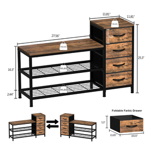 Banco Moderno para Almacenamiento de Zapatos con 4 Cajones de Tela, Zapatero de 3 Niveles, Asiento de Madera y Estructura de Acero para Almacenamiento en el Pasillo y la Entrada - Product Image 2