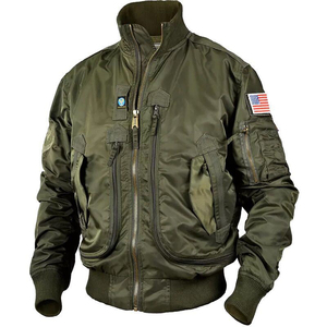 Blouson bomber bleu marine pour homme avec patch drapeau américain, col montant, fermeture éclair, coupe-vent décontracté en nylon - Product Image 3