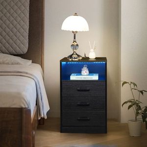 FCH 40*35*65cm <b>Black</b> <b>Bedside</b> <b>Table</b> with LED Light Triamine Three Drawers and Socket Particleboard Pasted Nightstands - Product Image 3
