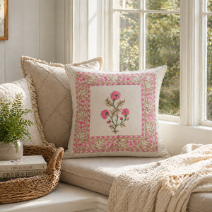 Pink Floral Hand Block Cotton Cushion Cover Indian Decorative Pillow Cover for Sofa Bedroom and Lounge Decor - Product Image 5