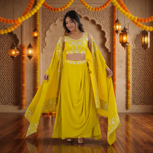 Trending Yellow Embroidered Dhoti Set With <b>Shrug</b> For Women Traditional Indian Wear From Indian Supplier - Product Image 6