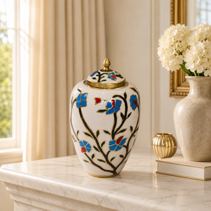 Urna Funeraria Blanca con Flores Hecha a Mano para Cenizas Humanas - Elegante Recuerdo Conmemorativo de Metal con Flores de Esmalte Coloridas - Product Image 2