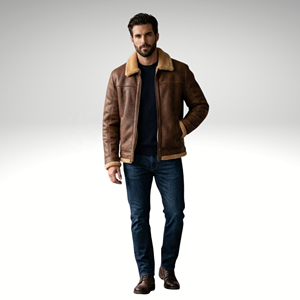 <b>Men</b>’s Grizzly Brown Color <b>Shearling</b> Leather <b>Jacket</b> Genuine Sheepskin Winter Coat - Product Image 4