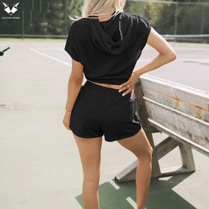 Women's 2 Piece Outfits Sweatsuit Cropped Cap Sleeve Hoodies Sweatshirt and Drawstring Skirt <b>Shorts</b> Tracksuit Set - Product Image 4