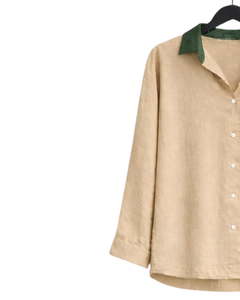 Women Beige Shirt And Dark Green Wide Leg <b>Pants</b> Two Piece Set Casual Linen Summer Outfit Custom OEM Clothing Manufacturer - Product Image 3