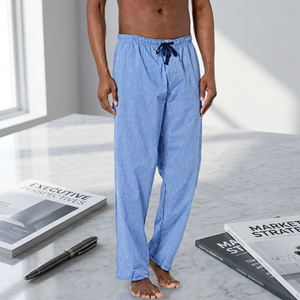 Men's <b>Light</b> Blue Cotton <b>Sleep</b> Pants Elastic Waist Drawstring Casual Loose Fit Summer Breathable Pajama Bottoms - Product Image 2