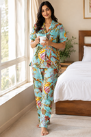Ensemble de pyjama en coton imprimé floral pour femmes, ensemble de pyjama bleu imprimé de qualité supérieure, vêtements de nuit à manches courtes et boutonnés