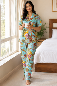 Ensemble de pyjama en coton imprimé floral pour femmes, ensemble de pyjama bleu imprimé de qualité supérieure, vêtements de nuit à manches courtes et boutonnés - Product Image 6