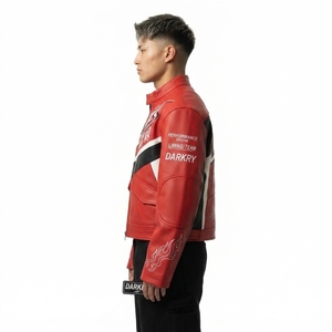 Blouson moto en cuir rouge avec impression par transfert thermique et motifs de patchs, col montant, fermeture éclair, pour homme - Product Image 4