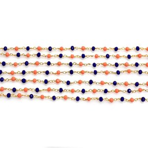 Chaîne de chapelet en lapis-lazuli bleu et hydro-citrine, perles rondelles facettées de 3 mm, chaîne de bijoux enroulée de fil plaqué or - Product Image 1