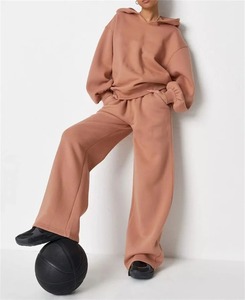 Ensemble de survêtement à capuche pour femme, couleur unie, 100% coton, coupe ample, pantalon de survêtement long avec poches latérales, tenue décontractée pour l'automne - Product Image 2