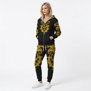 Ensemble de survêtement unisexe noir et or imprimé, sweat à capuche zippé et pantalon de jogging, tenue décontractée d'automne, coupe classique, 100 % polyester, impression par sublimation - Product Image 3