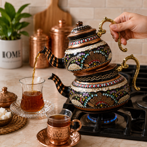 Traditional Turkish Copper Double <b>Tea</b> Pot <b>Set</b> Handmade Enamel Copper <b>Tea</b> Kettle OEM Wholesale Supplier Manufacturer Factory - Product Image 4