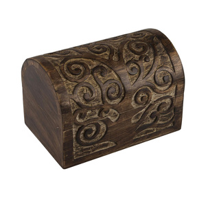 Venta al por mayor de joyero de madera antiguo con tapa decorativa tallada a mano, caja de baratija de madera de mango de forma ovalada - Product Image 1