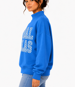 Sudadera de cuello alto para mujer de alta calidad con apliques de letras y mangas de patchwork a cuadros, corte holgado, fabricante OEM - Product Image 1