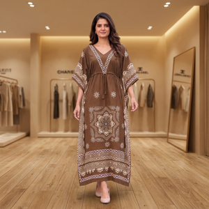 Magnifique robe kaftan bohème marron avec broderie blanche, coupe ample, longueur au sol, pour femmes, tenue décontractée, style Inde Pakistan. - Product Image 1