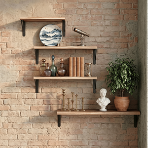 Set di 4 Mensole Galleggianti Rustiche in Legno di Paulownia da Parete con Staffe in Metallo Nero, Legno Bruciato per Lavabi - Product Image 4