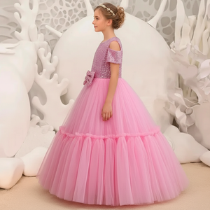 ชุดเดรสยาวสีชมพูประดับเลื่อมระยิบระยับสำหรับเด็ก ชุดราตรีเด็กผู้หญิงหรูหรา ชุดแต่งงานเด็กแบบเปิดไหล่ ขายส่ง - Product Image 3