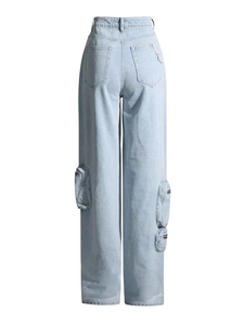 Pantalones vaqueros casuales de pierna ancha Cargo, lavado medio, corte recto, ajuste holgado, cintura media, de mezclilla, estilo urbano, venta al por mayor OEM ODM - Product Image 3