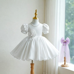 Elegante Vestido de Satén Color Champán para Niñas, Vestido de Princesa con Mangas Abullonadas y Flores 3D para Fiestas de Cumpleaños, Vestido para Invitadas de Boda, Traje para Ocasiones Especiales - Product Image 3