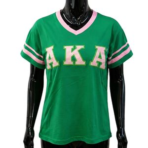 เสื้อยืดคอวีลายทางสีเขียวชมพู แขนสั้น สไตล์ลำลอง พิมพ์ลายตัวอักษร แฟชั่นสตรีทแวร์ เสื้อผ้าผู้หญิงทันสมัย - Product Image 1