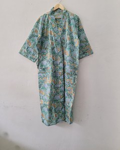 ชุดกิโมโนผ้าฝ้ายพิมพ์ลายด้วยมือหรูหรา, ชุดคลุมหรูหราสีเขียวเสจชุดเดรสลายดอกไม้อเนกประสงค์ใส่ได้ในฤดูร้อน - Product Image 4