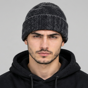 Bonnet en tricot côtelé pour homme, noir délavé, avec revers plié, pour l'hiver - Product Image 6