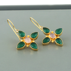 Boucles d'oreilles pendantes en quartz chalcédoine verte, plaquées or 18 carats, style floral, avec pierres précieuses, faites à la main, bijoux statement pour femmes - Product Image 5