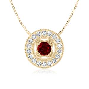 Pendentif halo en rubis rouge naturel de 2,5 mm de coupe ronde, style vintage pur 14 carats, avec détails en milgrain en diamant véritable de 0,06 carat - Product Image 1