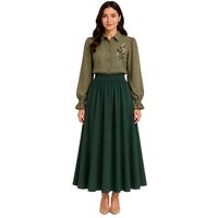 Ensemble chemisier brodé et jupe longue vert olive et vert pin pour femme, manches longues, boutonnage, taille haute, tenue modeste deux pièces OEM