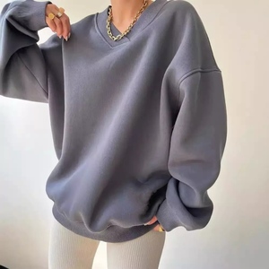 Sweat-shirt surdimensionné à col en V pour femme, gris, épaules tombantes, manches longues, tricoté en mélange de coton, vêtement décontracté d'automne - Product Image 4