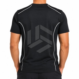T-shirt formel à manches courtes noir pour homme avec rayures blanches, séchage rapide, coupe ample, col rond, en polyester tricoté - Product Image 3