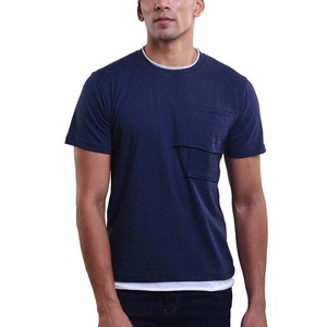 Men's Navy Blue Short Sleeve <b>T</b>-<b>Shirt</b> <b>With</b> Chest <b>Pocket</b> Contrast Trim Regular Fit Casual Style Cotton Jersey Knitted O-Neck - Product Image 1