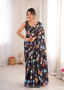 Elegante Saree Negro con Estampado Floral y Blusa para Mujer, Ropa de Fiesta, Poliéster, Corte Regular, Largo hasta el Suelo, Ropa India y Pakistaní - Product Image 2