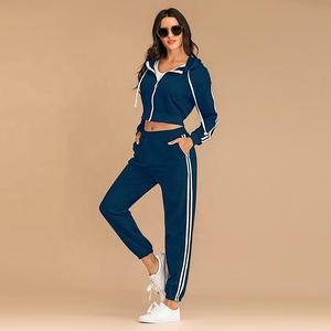 Women sportswear stitching stripe tracksuit zipper crop top <b>hoodie</b> with matching yoga pants - Product Image 4