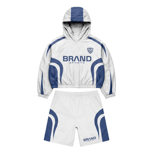 Conjunto corto cortavientos de poliéster premium para hombre, 120 GSM, azul y amarillo con paneles en contraste, logotipo personalizado por sublimación, ropa deportiva, talla grande - Product Image 3