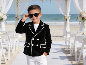 Traje de Blazer Cruzado de Terciopelo Negro para Niños, Ideal para Bodas, Ceremonias en la Playa y Ocasiones Formales - Product Image 1