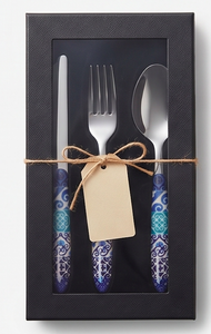 Ensemble de couverts de style méditerranéen, 4 pièces, avec manches à motifs bleus, en acier inoxydable, passe au lave-vaisselle, pour la salle à manger - Product Image 6