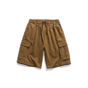 Shorts cargo pour hommes, taille mi-haute, cordon de serrage, coton élastique, style décontracté, poches, respirant, tissé, teint uni - Product Image 4