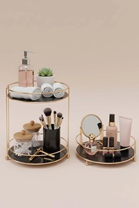 Minimalist <b>Round</b> Metal Side <b>Table</b> With Black Glass Shelves Stackable Design For Home Storage And Organization From India - Product Image 5