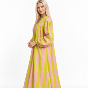 Vestido maxi de mujer 100% algodón tejido de manga larga con cintura imperio, cuello en V, manga farol, a rayas, corte A, holgado, informal y modesto para primavera. - Product Image 3