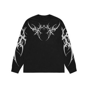 Black Long Sleeve T-Shirt <b>Men</b> Punk Style Oversized Cotton Knitted O-Neck Front Print Regular Fit Autumn Wear - Product Image 2