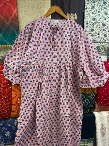 Pink Floral Block Print Cotton Midi Dress, Handmade Indian Boho Cottagecore <b>Summer</b> Outfit - Product Image 3