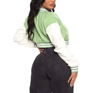 Women Wool Varsity <b>Jacket</b> Cow Skin Leather Full Sleeves Custom Logo Winter <b>Cropped</b> Bomber Varsity <b>Jacket</b> - Product Image 2