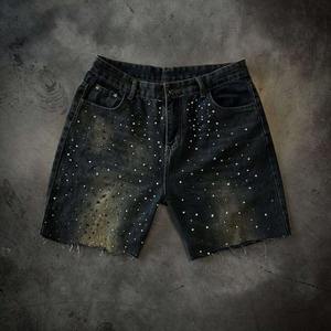 Pantalones Cortos de Mezclilla Desgastados de Estilo Urbano para Hombre, Corte Holgado, Vintage, con Adornos de Diamantes de Imitación - Product Image 2