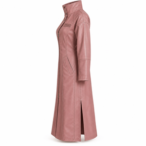 Abrigo de cuero rosa con cuello alto para mujer, chaqueta larga tipo trench con abertura lateral, servicio de fabricante OEM/ODM personalizado - Product Image 4